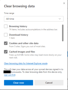 Clear browsing data menu in Microsoft Edge with All time, Cookies and other site data, and Cached images and files selected